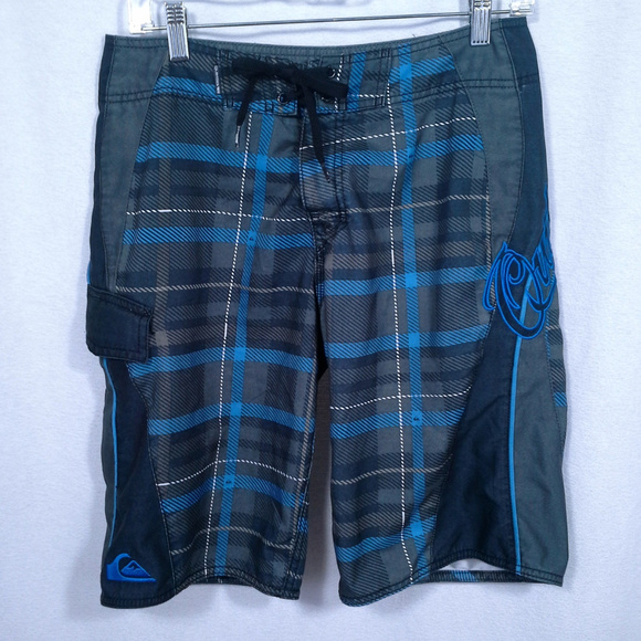QuikSilver mens board shorts Sz 29 Black gray blue Plaid print Swim trunks Roomy - Picture 2 of 8